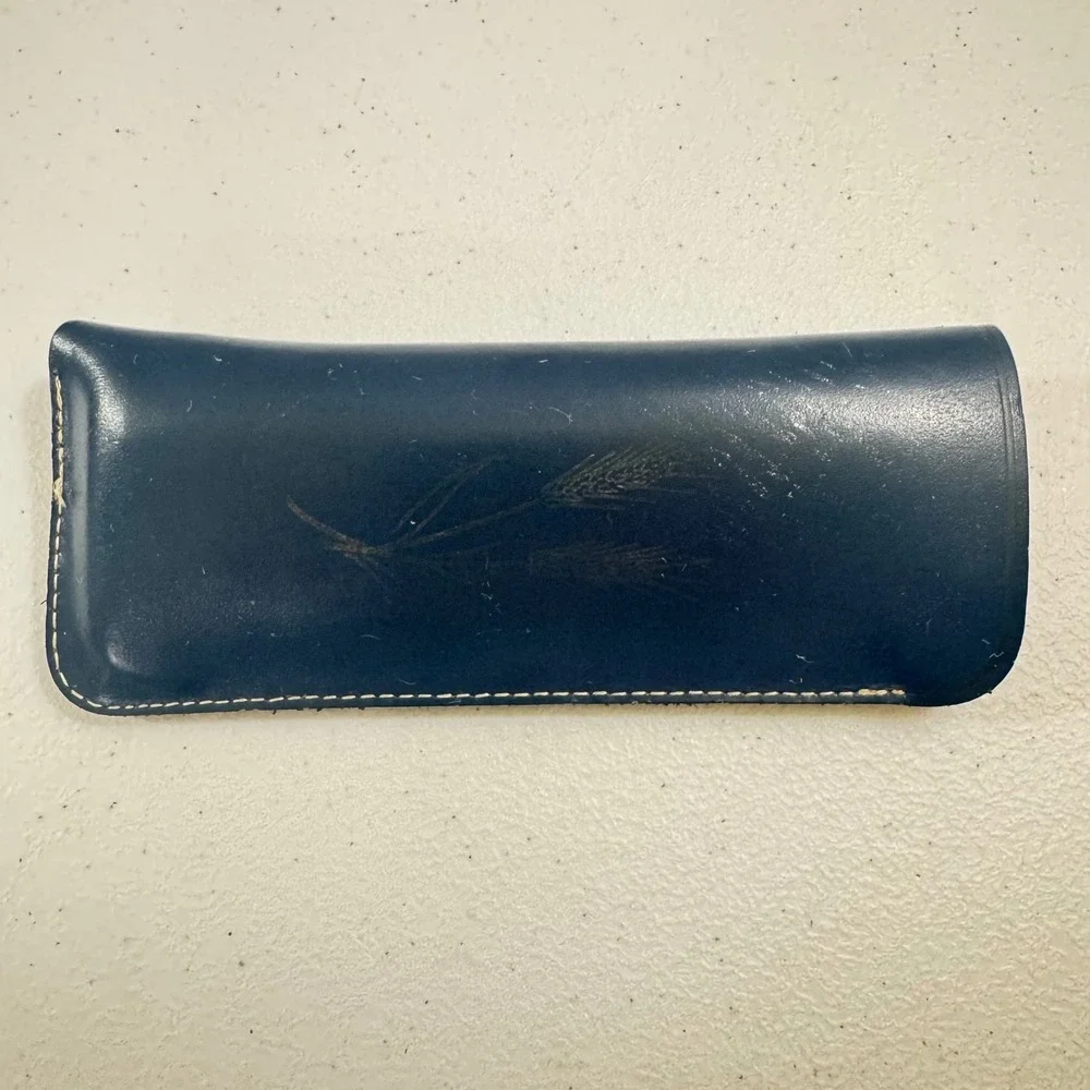 Vintage Navy Blue Leather Eyeglass Slip‎ Case Embossed Wheat Grain Detail